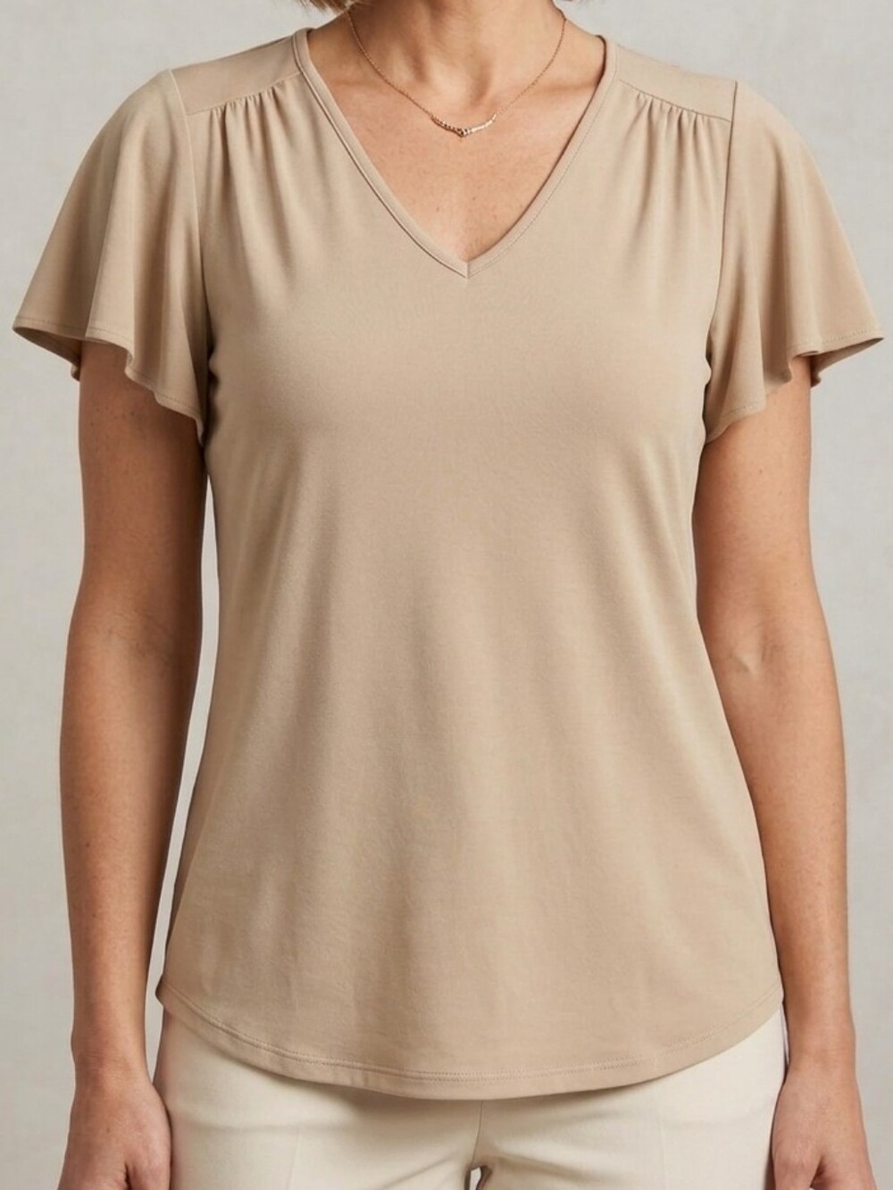 Chaps Beige Flutter Sleeve Blouse Neutral V Neck Office Casual Top  Womens Small